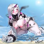  1girl bangs breasts claws cloud day dirty fukumaaya highres horn kantai_collection large_breasts long_hair mecha_musume mechanical_parts ocean open_mouth outdoors pale_skin seaport_hime shinkaisei-kan sky smoke solo sun sweat water white_hair white_skin 