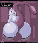  2019 angry balls black_eyes black_speech_bubble butt clothing genitals hi_res legendary_pok&eacute;mon legwear looking_at_viewer looking_back male mewtowo_(shadman) mewtwo mostly_nude nintendo pok&eacute;mon pok&eacute;mon_(species) raised_tail rear_view solo text theawesomefoxguy url video_games white_text 