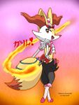  3:4 anthro axelocraft1500_(artist) black_body braixen canid canine clothing dress fire fox fur girly glass happy male mammal multicolored_tail nintendo pink_clothing pink_dress pok&eacute;mon pok&eacute;mon_(species) pokemon_(anime) red_body red_eyes solo stick unknown_artist video_games withe_fur yellow_body yellow_fur 