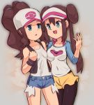  2girls baseball_cap black_legwear black_vest breasts brown_hair curly_hair cutoffs denim denim_shorts double_bun groin hat high_ponytail legwear_under_shorts long_hair mei_(pokemon) multiple_girls nyonn24 open_mouth pantyhose poke_ball_print pokemon pokemon_(game) pokemon_bw pokemon_bw2 ponytail shirt short_shorts shorts simple_background sleeveless sleeveless_shirt smile touko_(pokemon) very_long_hair vest visor_cap white_shirt wristband 