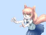  2020 4_fingers anthro blue_background blush bottomwear bow_tie canid canine clothed clothing female fingers fluffy fluffy_tail fox fur fur_(theterm) hair happy hi_res iurub mammal pink_body pink_fur pink_hair simple_background skirt smile solo translucent translucent_hair yellow_eyes 