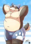  anthro belly blue_clothing blue_eyes canid canine canis clothed clothing domestic_dog eyebrows eyewear fur fur_tuft goggles grey_body grey_fur hands_behind_head hi_res male mammal moobs moritaka navel nipples open_mouth open_smile overweight scar shadowninja976 smile solo swimming_cap swimwear teeth tokyo_afterschool_summoners topless tuft video_games 