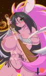  abs anthro areola arm_wraps athletic big_breasts black_hair breasts clothed clothing curvy_figure female fur green_eyes hair hi_res holding_object holding_weapon huge_breasts katana kyoko_usagi lagomorph leporid long_hair mammal mastergodai mature_female melee_weapon multicolored_hair nipples one_ear one_eye_closed pink_body pink_fur pink_hair rabbit scar smile solo standing sword thick_thighs thong topless two_tone_hair underwear voluptuous weapon wink wraps 
