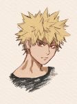  1boy artist_name bakugou_katsuki black_shirt blonde_hair boku_no_hero_academia clivenzu closed_mouth commentary english_commentary graphite_(medium) looking_at_viewer male_focus mixed_media portrait red_eyes sanpaku shirt solo spiked_hair traditional_media twitter_username 