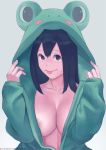  1girl :p animal_costume animal_hood areola_slip areolae asui_tsuyu black_eyes black_hair boku_no_hero_academia breasts cleavage frog_costume frog_girl hood looking_at_viewer no_bra plunging_neckline solo tongue tongue_out white_background zefrableu 