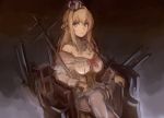  1girl bangs blonde_hair blue_eyes blush braid breasts cleavage commentary crossed_legs crown dark_background dress french_braid grey_legwear highres jewelry kantai_collection large_breasts long_hair mini_crown moor necklace off-shoulder_dress off_shoulder simple_background sitting smile solo thighhighs warspite_(kantai_collection) 
