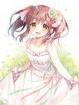 :d bangs bare_shoulders blush breasts brown_eyes brown_hair cherry_hair_ornament clover_hair_ornament collarbone dress eyebrows_visible_through_hair food_themed_hair_ornament grasslands hair_ornament hair_ribbon idolmaster idolmaster_cinderella_girls ogata_chieri open_mouth ribbon skirt_hold small_breasts smile suimya twintails white_dress 