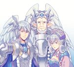  1girl 2boys armor breasts brother_and_sister cape family father_and_daughter father_and_son gradient gradient_background hallo-byby hat head_wings headpiece kallian medium_breasts melia multiple_boys short_hair siblings silver_hair sorean upper_body white_background xenoblade_(series) xenoblade_1 