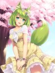  1girl :d animal_ear_fluff animal_ears blue_eyes blush capelet cherry_blossoms daisy day dress flower fox_ears fox_tail green_fox_(sasaame) green_hair head_tilt head_wreath looking_at_viewer open_mouth original outdoors own_hands_together pink_flower purple_flower sasaame short_hair smile solo standing tail tree white_capelet white_flower wristband yellow_dress yellow_flower 