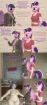  3d_(artwork) absurd_res anthro barely_visible_genitalia barely_visible_pussy breasts clothed clothing comic dialogue digital_media_(artwork) door english_text equid female friendship_is_magic genitals group hi_res horn mammal my_little_pony nipples nude overweight papadragon69 pussy rarity_(mlp) starlight_glimmer_(mlp) text twilight_sparkle_(mlp) unicorn winged_unicorn wings 