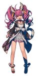  1girl absurdres ahoge animal_ears anklet clenched_hands fang full_body highres jewelry long_hair long_sleeves looking_at_viewer metal_max metal_max_xeno oda_non open_mouth pink_eyes pink_hair sandals skirt solo tail transparent_background twintails 