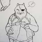  anthro badger badgerclops belly cartoon_network clothed clothing crossdressing cybernetics cyborg eye_patch eyewear hi_res lingerie machine male mammal mao_mao:_heroes_of_pure_heart miumaumao musical_note mustelid musteline slightly_chubby solo traditional_media_(artwork) 