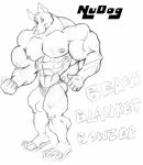  2002 abs anthro black_and_white canid canine canis clothing domestic_dog footwear gesture male mammal monochrome muscular muscular_male nipples nudog pecs pit_bull plantigrade sandals sketch solo speedo swimwear thumbs_up 