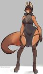  2020 anthro bare_shoulders black_clothing black_dress bonnet breasts brown_hair canid canine cleavage clothed clothing dipstick_ears dipstick_tail dress female fishnet fishnet_legwear fishnet_topwear footwear fox gloves green_eyes grey_background hair hair_over_eye handwear headgear headwear hi_res high_heels legwear long_arms looking_away mammal multicolored_ears multicolored_tail nun one_eye_obstructed pelvic_curtain roxanne_(spikedmauler) shoes signature simple_background smile solo spikedmauler standing wide_hips 