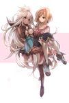  bangs black_legwear blonde_hair boots breastplate brown_gloves carrying commentary_request djeeta_(granblue_fantasy) dress eyebrows_visible_through_hair floating_hair fulunukko gloves granblue_fantasy green_dress hair_between_eyes hairband highres long_hair looking_at_another princess_carry red_eyes short_hair sidelocks simple_background smile swept_bangs thighhighs white_background white_dress white_hair yellow_eyes zooey_(granblue_fantasy) 