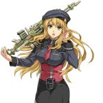  1girl ao_no_kiseki artist_request blonde_hair breasts eiyuu_densetsu green_eyes highres holding holding_weapon long_hair long_sleeves looking_at_viewer mireille_(eiyuu_densetsu) official_art open_mouth solo transparent_background weapon zero_no_kiseki 