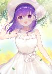  1girl :d aizawa85 bangs bare_arms bare_shoulders blush braid breasts commentary_request dress eyebrows_visible_through_hair fate/stay_night fate_(series) hair_ribbon hat highres large_breasts long_hair looking_at_viewer matou_sakura open_mouth outdoors purple_eyes purple_hair ribbon single_braid smile solo sun_hat white_dress white_headwear white_ribbon 