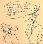  2020 anthro antlers beastars blush bodily_fluids canid canine canis cervid clothing dialogue duo english_text fur horn implied_nudity legoshi_(beastars) louis_(beastars) male male/male mammal nipples no_homo shirt speech_bubble stated_heterosexuality sweat text topwear traditional_media_(artwork) wide_eyed wolf wuffinarts 