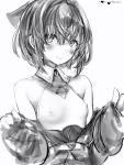  1girl ange_katrina bare_shoulders breasts closed_mouth collared_shirt covered_nipples dot_nose eyebrows_visible_through_hair greyscale hair_intakes hands_up highres looking_at_viewer monochrome nanashi_(nlo74593630) nijisanji off-shoulder_jacket shirt small_breasts smile solo upper_body virtual_youtuber wing_collar 
