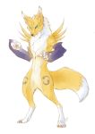  2014 ambiguous_gender anthro black_sclera blue_eyes canid canine claws dewclaw digimon digimon_(species) ear_tuft fur kerneinheit mammal markings pawpads purple_markings renamon signature standing toe_claws tuft whiskers white_body white_fur yellow_body yellow_fur 