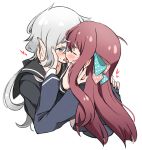  2girls aqua_ribbon black_sailor_collar black_serafuku blush closed_eyes ear_blush eyebrows_visible_through_hair french_kiss grey_eyes grey_hair hair_ribbon heart highres kiss konno_junko long_hair long_sleeves looking_at_another low_twintails miiii minamoto_sakura multiple_girls open_mouth pink_ribbon polka_dot polka_dot_ribbon red_hair ribbon sailor_collar saliva school_uniform serafuku simple_background teeth tongue tongue_out twintails upper_body upper_teeth white_background yuri zombie_land_saga 