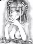  1girl blush bow breasts closed_mouth cosmetics fingernails greyscale hair_bow hands_up hat highres large_breasts lipstick_tube looking_at_viewer monochrome nail_polish nanashi_(nlo74593630) nijisanji nipples nude smile solo steepled_fingers suzuhara_lulu upper_body 
