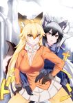  2girls animal_ear_fluff animal_ears blonde_hair blue_jacket boy_(pixiv17542438) breasts commentary commentary_request extra_ears eyebrows_visible_through_hair ezo_red_fox_(kemono_friends) fox_ears fox_girl fox_tail fur-trimmed_sleeves fur_trim gradient gradient_legwear hair_between_eyes jacket jojo_no_kimyou_na_bouken jojo_pose kemono_friends medium_breasts multiple_girls orange_jacket pose silver_fox_(kemono_friends) silver_hair skirt sound_effects tail white_neckwear white_skirt yellow_legwear 