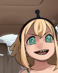  1girl :d amano_pikamee black_hairband blonde_hair bra bra_strap bright_pupils car_interior close-up commentary english_commentary gon_(piesonscreation) green_bra green_eyes hairband highres looking_at_viewer meme open_mouth parody photo-referenced riff_raff_(rapper) sharp_teeth short_hair smile solo teeth underwear virtual_youtuber voms 