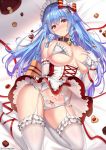  1girl bare_shoulders bed_sheet bell blue_hair blush bow bra breasts candy cenangam chocolate chocolate_heart choker cleavage closed_mouth crotch_seam dress elbow_gloves food frilled_legwear garter_belt gloves groin hair_bow hand_on_breast headdress heart highres jingle_bell large_breasts last_origin long_hair looking_at_viewer lying nose_blush on_back panties red_dress red_eyes red_ribbon ribbon solo stomach stomach_tattoo tattoo thighhighs thighs underwear white_bra white_gloves white_legwear white_panties x-00_tiamat 