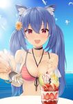  1girl :d absurdres animal_ear_fluff animal_ears ashigara_(azur_lane) ashigara_(kaleidoscopic_summer)_(azur_lane) azur_lane bangs bare_shoulders bikini bird black_choker blue_sky blush bracelet breasts choker cleavage collarbone commentary_request criss-cross_halter day dessert eyebrows_visible_through_hair feeding flower food front-tie_bikini front-tie_top fruit hair_between_eyes hair_flower hair_ornament halterneck highres holding holding_spoon ice_cream incoming_food jewelry large_breasts long_hair looking_at_viewer midriff multi-strapped_bikini ocean open_mouth outdoors parfait pov purple_eyes seagull shaketarako sidelocks sitting sky smile solo spoon strawberry sundae sunlight swimsuit table twintails upper_body whipped_cream wolf_ears yellow_flower 