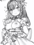  1girl blush bow breasts breasts_outside closed_mouth dress fingernails flower greyscale hair_flower hair_ornament hairclip heart highres large_breasts long_hair looking_at_viewer monochrome nail_polish nanashi_(nlo74593630) neck_garter nijisanji nipples rose simple_background smile solo suzuhara_lulu white_background wristband x_hair_ornament 