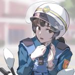  1girl brown_eyes brown_hair day helmet highres looking_to_the_side original outdoors parted_lips police police_uniform policewoman solo taiwan tennohi uniform vest watch wristwatch 