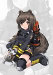  1girl animal_ears_helmet arknights black_gloves boots brown_eyes brown_hair commentary_request fire_axe fire_helmet fire_jacket firefighter gloves highres knee_pads large_tail oxygen_tank persocon93 shaw_(arknights) shorts solo squirrel_girl squirrel_tail tail zoom_layer 