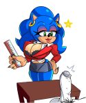  anthro balls big_breasts breasts cleavage clothed clothing crossgender duo eyeshadow female genitals hi_res huge_breasts lipstick makeup male male/female missphase penis pubes sonic_the_hedgehog sonic_the_hedgehog_(series) teacher tight_clothing 