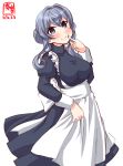  1girl alternate_costume apron artist_logo blue_dress blue_eyes blue_hair commentary_request cowboy_shot dated dress enmaided finger_to_another&#039;s_cheek frilled_apron frills gotland_(kantai_collection) hair_bun highres kanon_(kurogane_knights) kantai_collection long_hair looking_at_viewer maid mole mole_under_eye simple_background smile solo white_apron white_background 