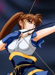  1girl arrow blue_gloves bow_(weapon) brown_eyes brown_hair copyright_request dark_background gloves highres outdoors parted_lips ponytail sidelocks solo standing studio_waltz upper_body weapon 