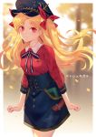  1girl backlighting bangs black_headwear black_skirt blonde_hair blurry blurry_background bow breasts contemporary earrings ereshkigal_(fate/grand_order) fate/grand_order fate_(series) hair_bow hat highres jewelry long_hair long_sleeves looking_at_viewer panpanmeiyou_hp parted_bangs peaked_cap red_bow red_eyes red_shirt shirt skirt small_breasts solo two_side_up 