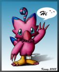  2005 3_fingers 3_toes ^-^ avian biyomon blue_eyes blue_markings claws digimon digimon_(species) feathers female fingers gesture kenny21 markings pink_body pink_feathers red_claws ring signature text toe_claws toes waving 