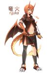  1girl :d asymmetrical_legwear black_legwear breathing_fire dragon_girl dragon_horns dragon_tail dragon_wings fiery_tail fire full_body green_eyes hand_on_hip highres hitokuirou horns leg_strap long_sleeves looking_at_viewer low_wings navel open_mouth orange_hair original scales shoes simple_background single_sock single_thighhigh smile socks solo standing tail thighhighs white_background wings 