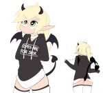  blonde_hair bottomwear butt clothing demon_wings elf fangs front_view girly green_eyes hair hands_behind_back hi_res holding_object hoodie hoodie_(artist) humanoid legwear looking_up male male_(lore) max_(hoodie) ponytail rear_view simple_background skirt smile solo spade_tail standing text text_on_clothing thigh_highs topwear white_background white_body white_skin wings 