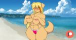  abs anthro areola big_breasts blonde_hair blush breasts canid canine canis clothed clothing cloud covering covering_breasts covering_self domestic_dog embarrassed female hair hand_on_breast male mammal mastergodai nipples open_mouth sand sea sky solo thong topless underwear water yuriko 