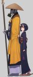  1boy 1girl black_hair commentary_request gas_mask hat highres holding holding_staff horns japanese_clothes kimono mask monk oni oni_horns original sandals sash short_hair staff straw_hat wozora yellow_eyes 
