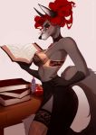  2019 anthro black_body black_claws black_fur black_nose book bra breasts canid canine claws clothed clothing digital_media_(artwork) eyewear fangs female fox fur glasses grey_background grey_body grey_fur grey_tail hair hair_bun hand_on_hip hi_res holding_book holding_object looking_at_viewer mammal multicolored_body multicolored_fur red_eyes red_hair side_view signature simple_background solo standing two_tone_body two_tone_fur underwear vermillion vexstacy 