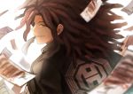  1boy back brown_eyes brown_hair chiko_(d04099) danganronpa hagakure_yasuhiro hairlocs long_sleeves looking_at_viewer looking_back male_focus mouth_hold ofuda paper simple_background solo upper_body white_background 