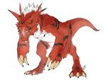  2013 black_markings claws digimon digimon_(species) dinosaur feral growlmon hair kerneinheit markings open_mouth red_body red_scales reptile scales scalie sharp_teeth signature simple_background teeth toe_claws tongue white_background white_hair yellow_eyes 