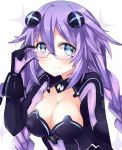  1girl adjusting_eyewear bangs bimmy blue_eyes blush bodysuit braid breasts cleavage commentary d-pad d-pad_hair_ornament english_commentary eyebrows_visible_through_hair glasses gloves hair_between_eyes hair_flaps hair_ornament highres long_hair looking_at_viewer medium_breasts neptune_(series) power_symbol purple_hair purple_heart sidelocks simple_background smile solo sparkle_background symbol-shaped_pupils twin_braids white_background 