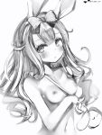  1girl :3 animal_ears blush bow breasts bunny bunny_ears closed_mouth copyright_request embarrassed hair_bow highres holding long_hair looking_at_viewer nanashi_(nlo74593630) nipples nude simple_background small_breasts solo u_u white_background 