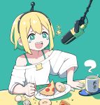  1girl :d amano_pikamee black_hairband blonde_hair bra bra_strap bright_pupils doughnut fingernails food green_background green_bra green_eyes green_hair green_nails gyari_(bird) hairband happy_tears highres jacy laughing long_sleeves microphone multicolored_hair nail_polish open_mouth pizza plate punching sharp_teeth short_hair simple_background smile solo steam sweater tears teeth two-tone_hair underwear voms white_sweater wide_sleeves 