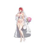  1girl blush bouquet breasts bridal_lingerie bridal_veil bride c-77_hongryeon cleavage dress earrings flower frills full_body garter_straps gloves hair_bun high_heels highres holding holding_bouquet huge_breasts jewelry last_origin lingerie looking_at_viewer mole mole_under_eye navel official_art purple_eyes red_hair see-through smile solo tachi-e taesi thighhighs underwear veil wedding_dress white_dress white_gloves 