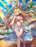  1girl :o bare_arms bare_shoulders bikini blonde_hair cloud code_of_joker day eihi gauntlets halterneck headdress highleg highleg_bikini holding holding_sword holding_weapon jewelry long_hair looking_at_viewer navel neck_ring official_art open_mouth outdoors pool red_eyes sandals sarong solo standing stomach swimsuit sword thighs very_long_hair weapon white_bikini 